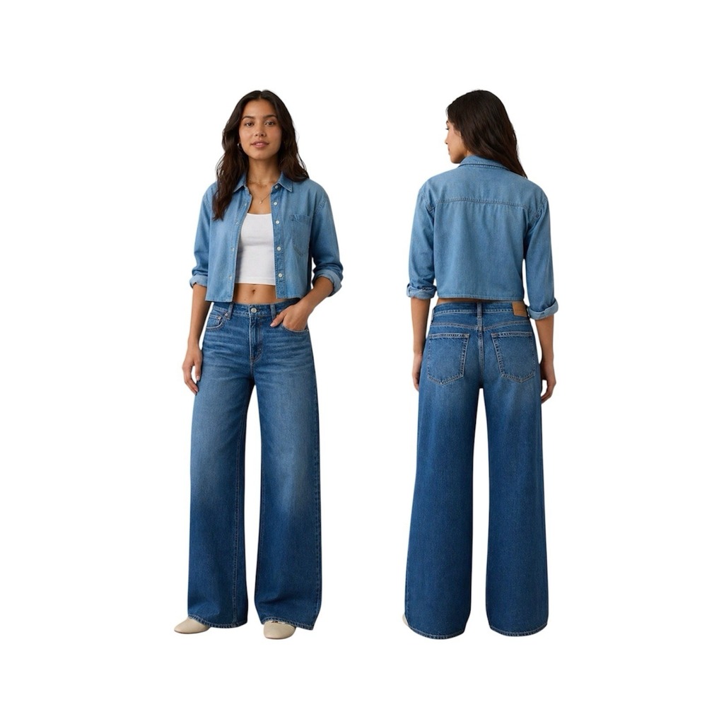 American Eagle Low Rise Baggy Wide Leg Jeans Comfort Stretch Blue Denim Sz 14 - Picture 1 of 12